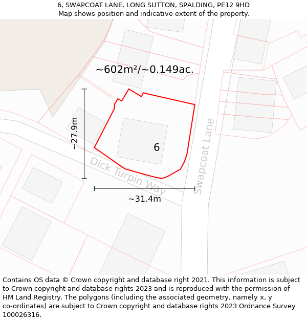 6, SWAPCOAT LANE, LONG SUTTON, SPALDING, PE12 9HD: Plot and title map