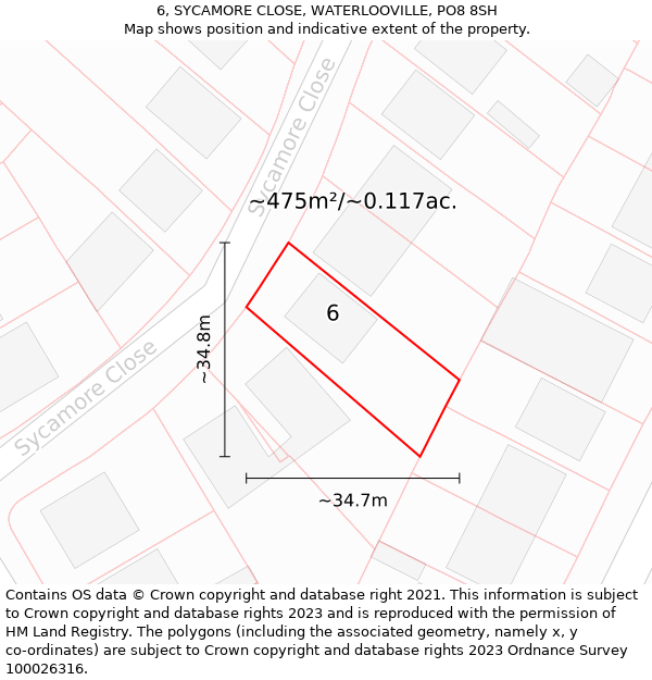 6, SYCAMORE CLOSE, WATERLOOVILLE, PO8 8SH: Plot and title map