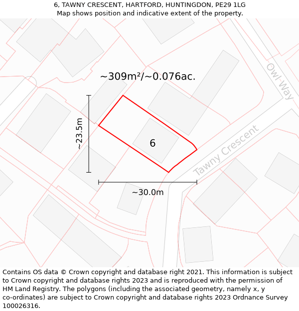 6, TAWNY CRESCENT, HARTFORD, HUNTINGDON, PE29 1LG: Plot and title map