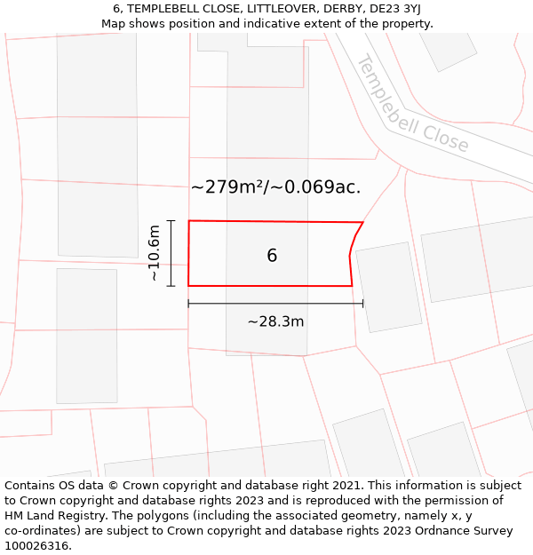 6, TEMPLEBELL CLOSE, LITTLEOVER, DERBY, DE23 3YJ: Plot and title map