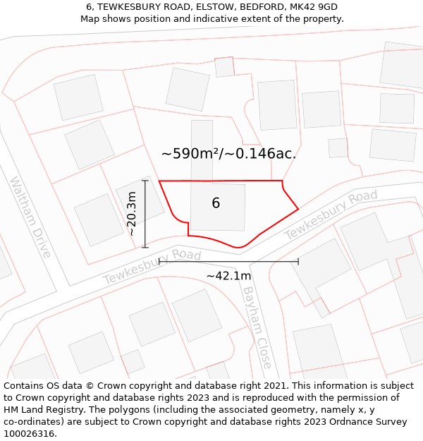 6, TEWKESBURY ROAD, ELSTOW, BEDFORD, MK42 9GD: Plot and title map