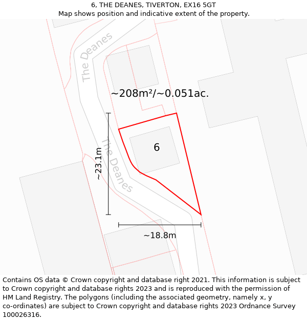 6, THE DEANES, TIVERTON, EX16 5GT: Plot and title map