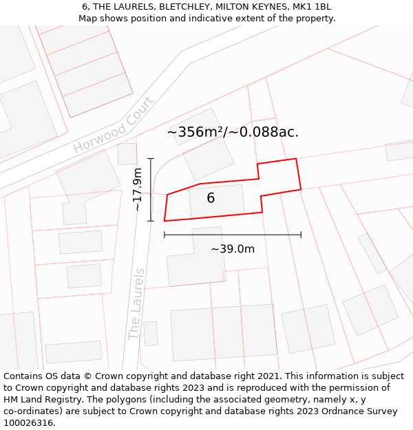 6, THE LAURELS, BLETCHLEY, MILTON KEYNES, MK1 1BL: Plot and title map