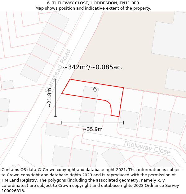 6, THELEWAY CLOSE, HODDESDON, EN11 0ER: Plot and title map