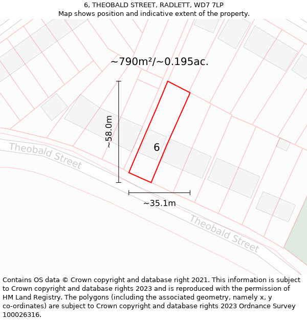 6, THEOBALD STREET, RADLETT, WD7 7LP: Plot and title map