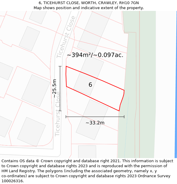 6, TICEHURST CLOSE, WORTH, CRAWLEY, RH10 7GN: Plot and title map