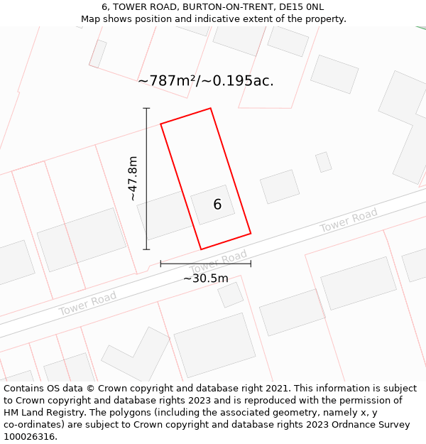 6, TOWER ROAD, BURTON-ON-TRENT, DE15 0NL: Plot and title map