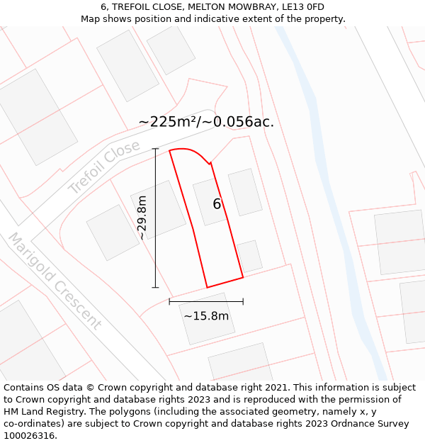 6, TREFOIL CLOSE, MELTON MOWBRAY, LE13 0FD: Plot and title map