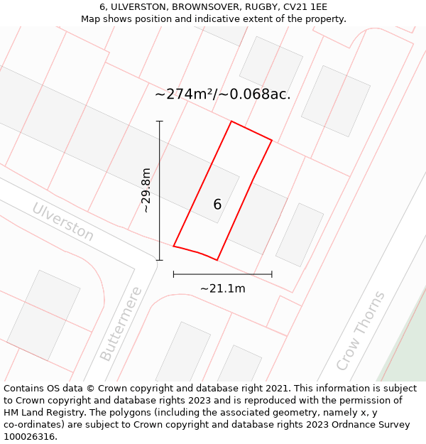 6, ULVERSTON, BROWNSOVER, RUGBY, CV21 1EE: Plot and title map