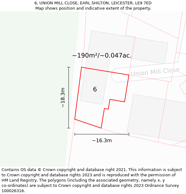 6, UNION MILL CLOSE, EARL SHILTON, LEICESTER, LE9 7ED: Plot and title map