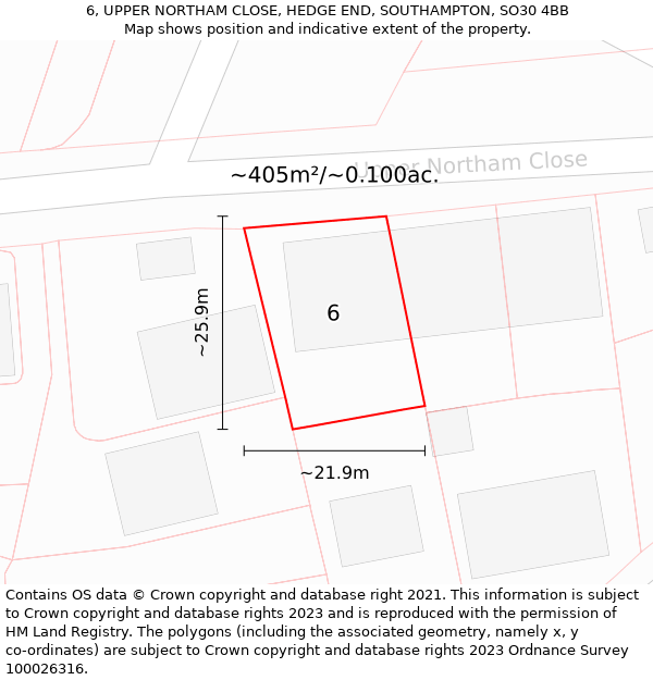 6, UPPER NORTHAM CLOSE, HEDGE END, SOUTHAMPTON, SO30 4BB: Plot and title map