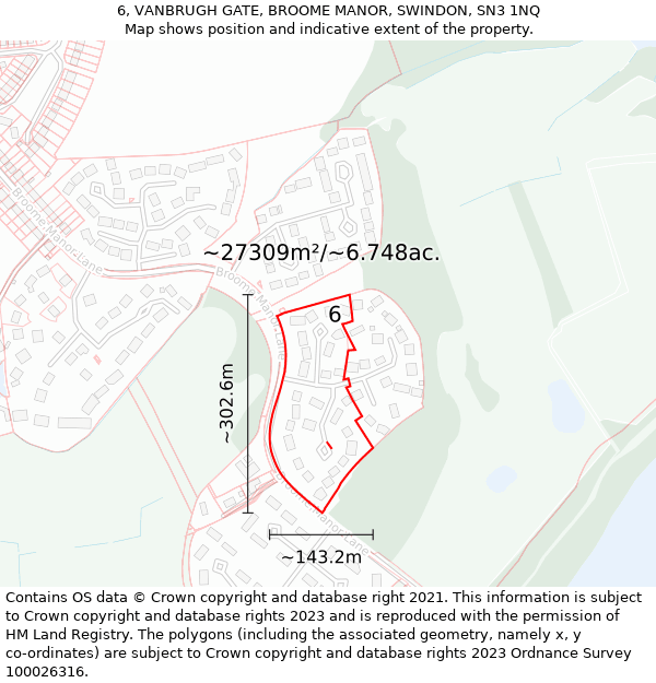 6, VANBRUGH GATE, BROOME MANOR, SWINDON, SN3 1NQ: Plot and title map