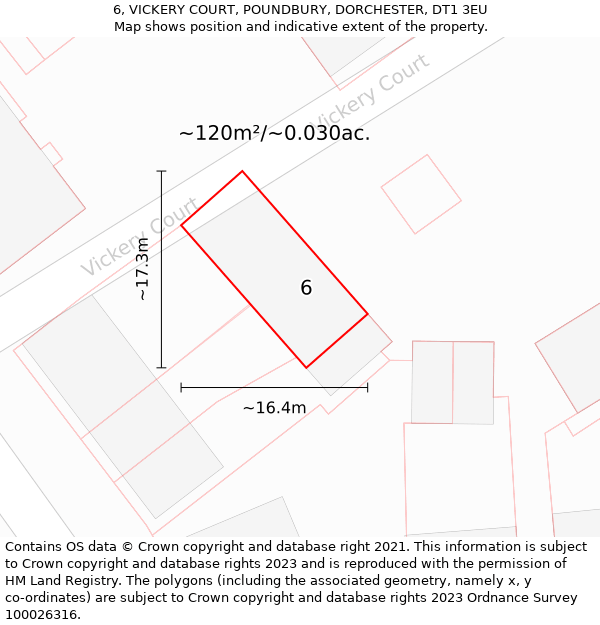 6, VICKERY COURT, POUNDBURY, DORCHESTER, DT1 3EU: Plot and title map