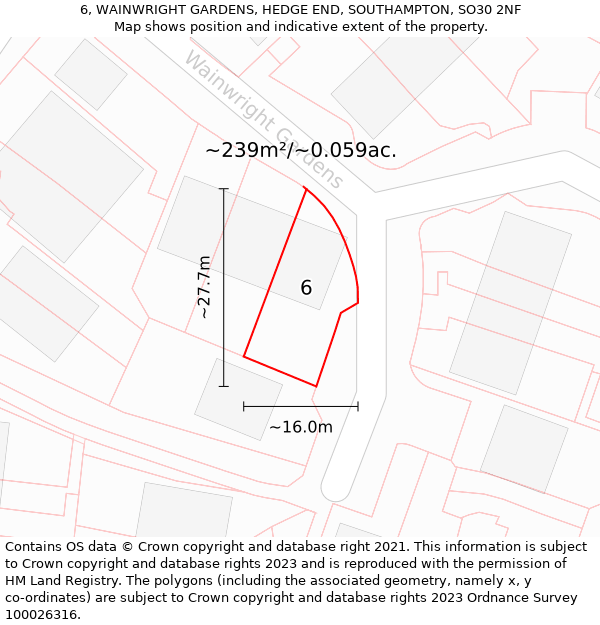 6, WAINWRIGHT GARDENS, HEDGE END, SOUTHAMPTON, SO30 2NF: Plot and title map