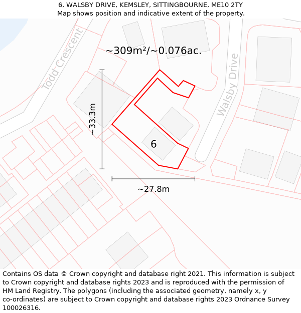 6, WALSBY DRIVE, KEMSLEY, SITTINGBOURNE, ME10 2TY: Plot and title map