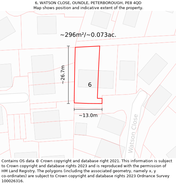 6, WATSON CLOSE, OUNDLE, PETERBOROUGH, PE8 4QD: Plot and title map