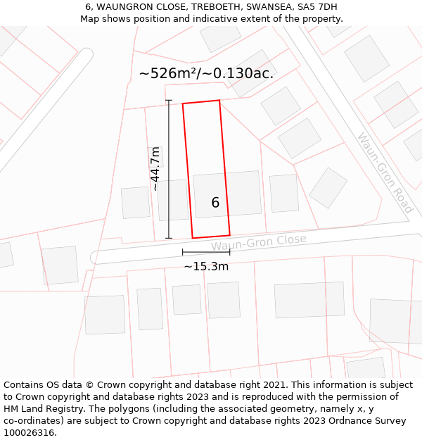 6, WAUNGRON CLOSE, TREBOETH, SWANSEA, SA5 7DH: Plot and title map