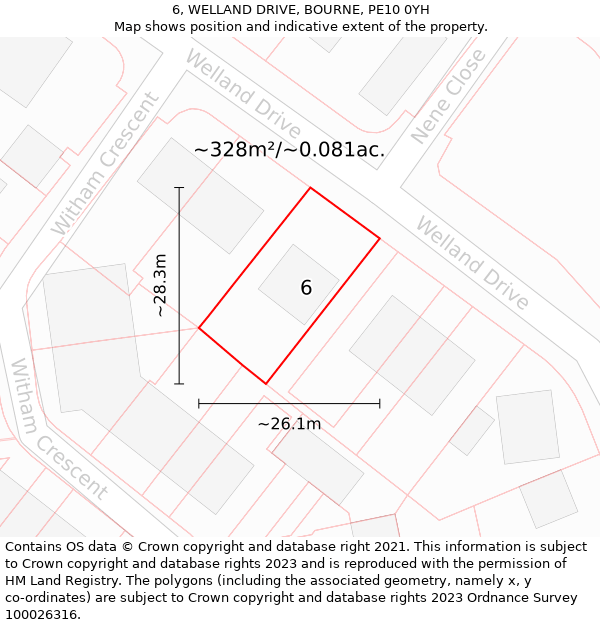 6, WELLAND DRIVE, BOURNE, PE10 0YH: Plot and title map