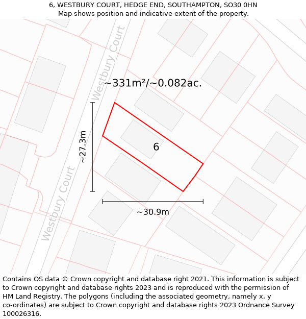 6, WESTBURY COURT, HEDGE END, SOUTHAMPTON, SO30 0HN: Plot and title map