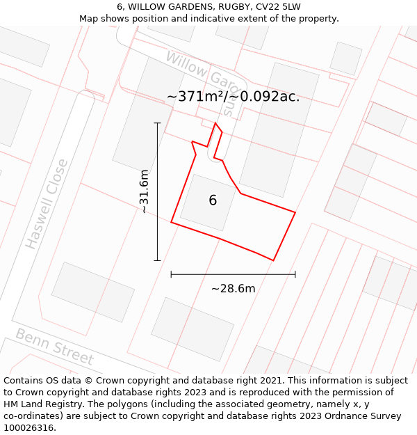 6, WILLOW GARDENS, RUGBY, CV22 5LW: Plot and title map