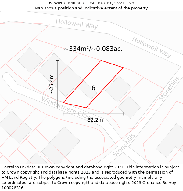 6, WINDERMERE CLOSE, RUGBY, CV21 1NA: Plot and title map