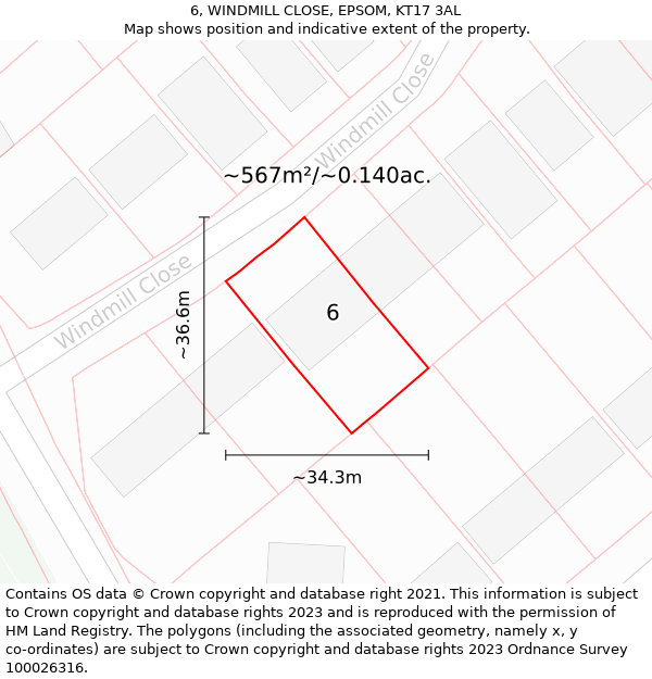 6, WINDMILL CLOSE, EPSOM, KT17 3AL: Plot and title map