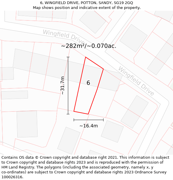 6, WINGFIELD DRIVE, POTTON, SANDY, SG19 2GQ: Plot and title map