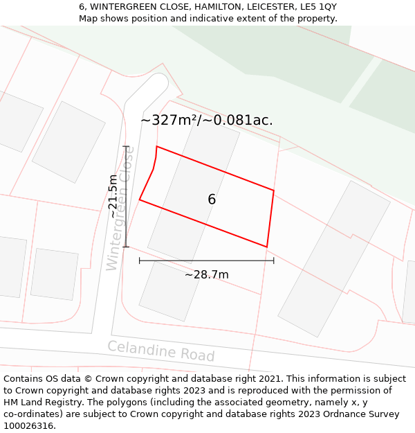 6, WINTERGREEN CLOSE, HAMILTON, LEICESTER, LE5 1QY: Plot and title map