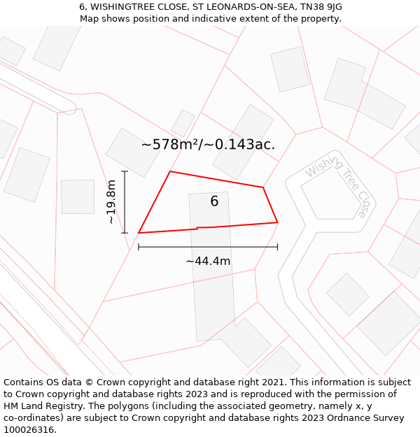 6, WISHINGTREE CLOSE, ST LEONARDS-ON-SEA, TN38 9JG: Plot and title map