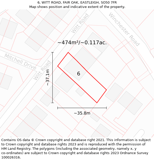 6, WITT ROAD, FAIR OAK, EASTLEIGH, SO50 7FR: Plot and title map