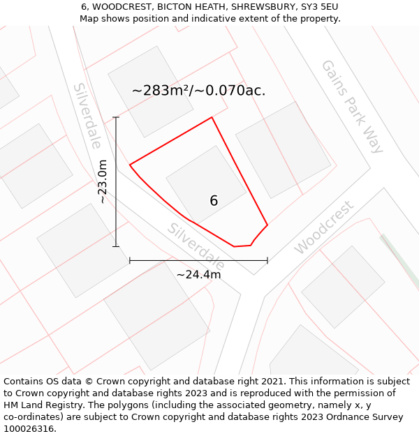 6, WOODCREST, BICTON HEATH, SHREWSBURY, SY3 5EU: Plot and title map