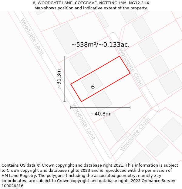 6, WOODGATE LANE, COTGRAVE, NOTTINGHAM, NG12 3HX: Plot and title map