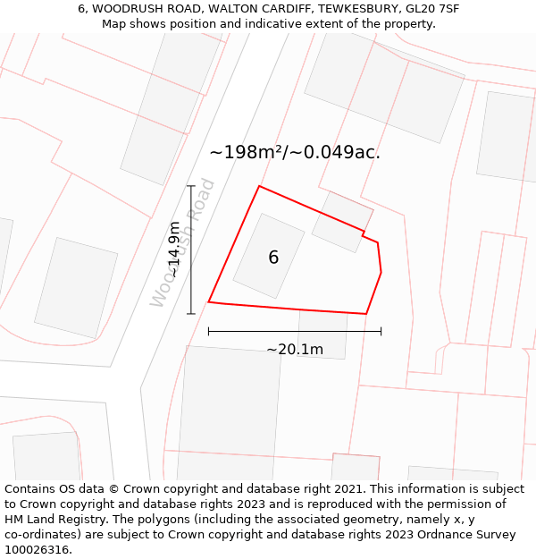 6, WOODRUSH ROAD, WALTON CARDIFF, TEWKESBURY, GL20 7SF: Plot and title map