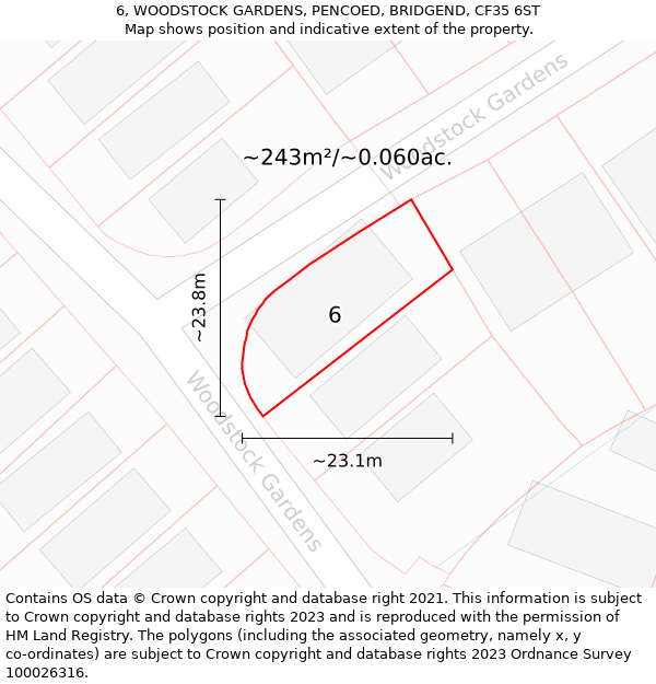 6, WOODSTOCK GARDENS, PENCOED, BRIDGEND, CF35 6ST: Plot and title map