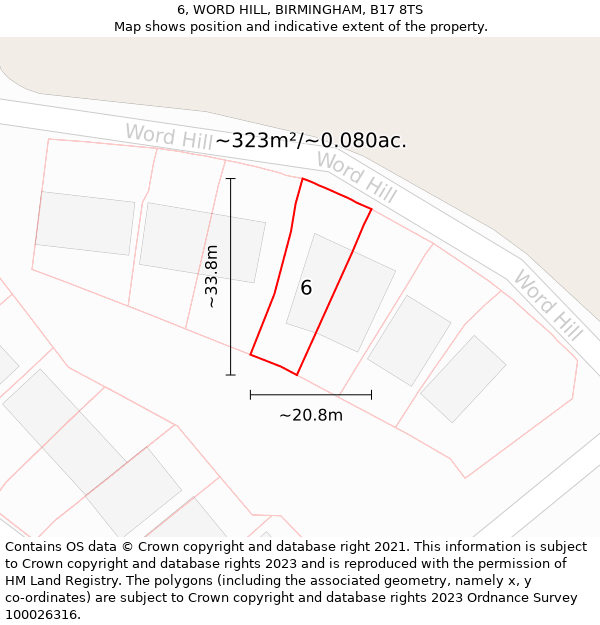 6, WORD HILL, BIRMINGHAM, B17 8TS: Plot and title map