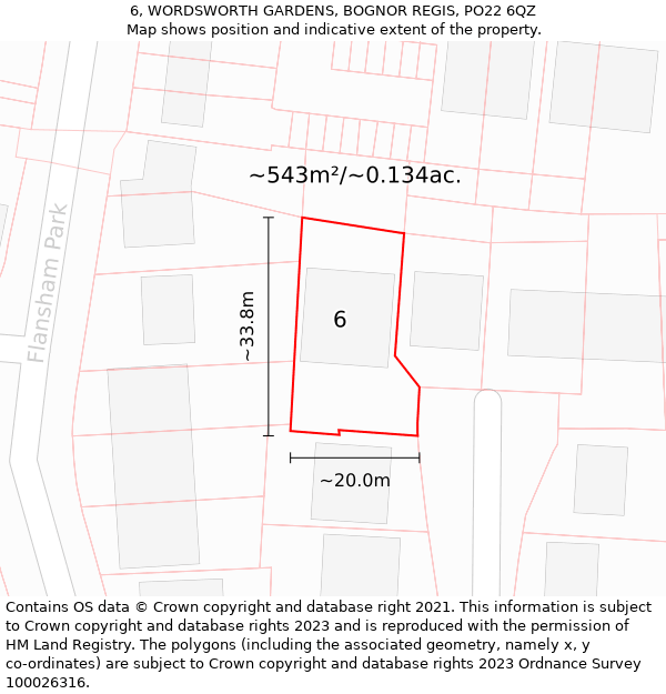 6, WORDSWORTH GARDENS, BOGNOR REGIS, PO22 6QZ: Plot and title map