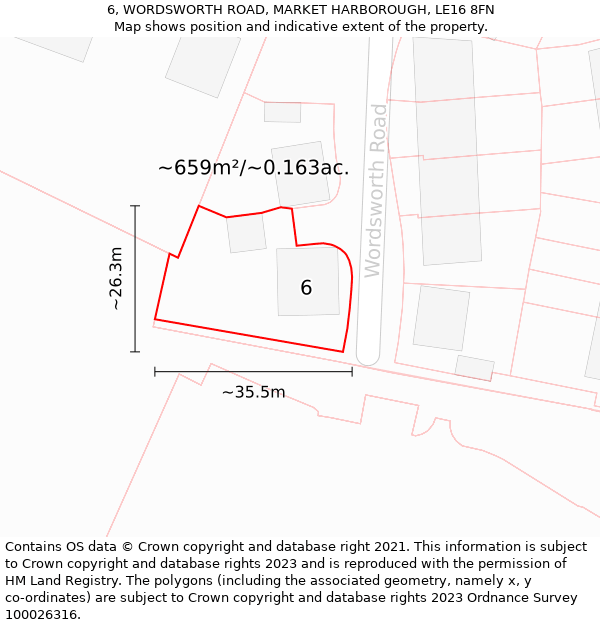 6, WORDSWORTH ROAD, MARKET HARBOROUGH, LE16 8FN: Plot and title map