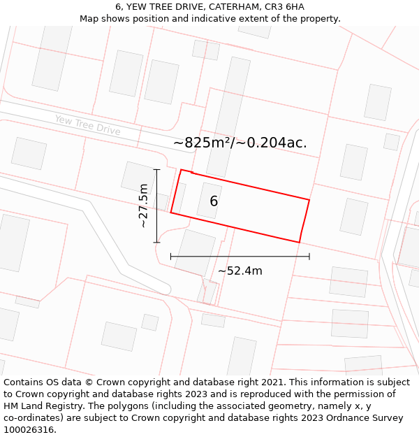 6, YEW TREE DRIVE, CATERHAM, CR3 6HA: Plot and title map