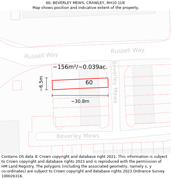 60, BEVERLEY MEWS, CRAWLEY, RH10 1UE: Plot and title map