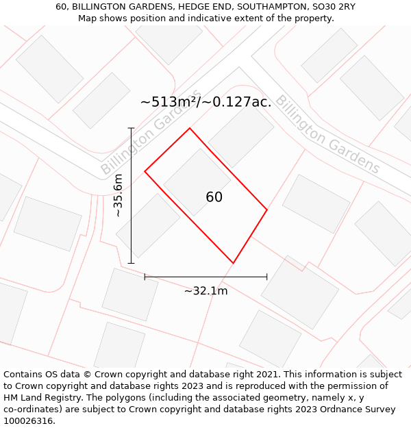 60, BILLINGTON GARDENS, HEDGE END, SOUTHAMPTON, SO30 2RY: Plot and title map