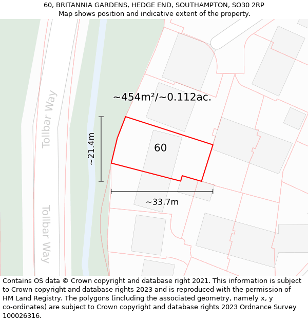 60, BRITANNIA GARDENS, HEDGE END, SOUTHAMPTON, SO30 2RP: Plot and title map