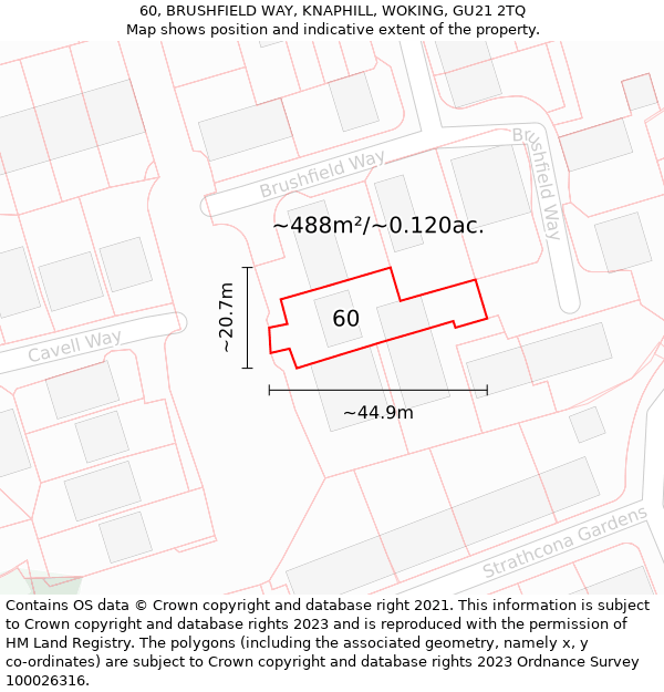 60, BRUSHFIELD WAY, KNAPHILL, WOKING, GU21 2TQ: Plot and title map