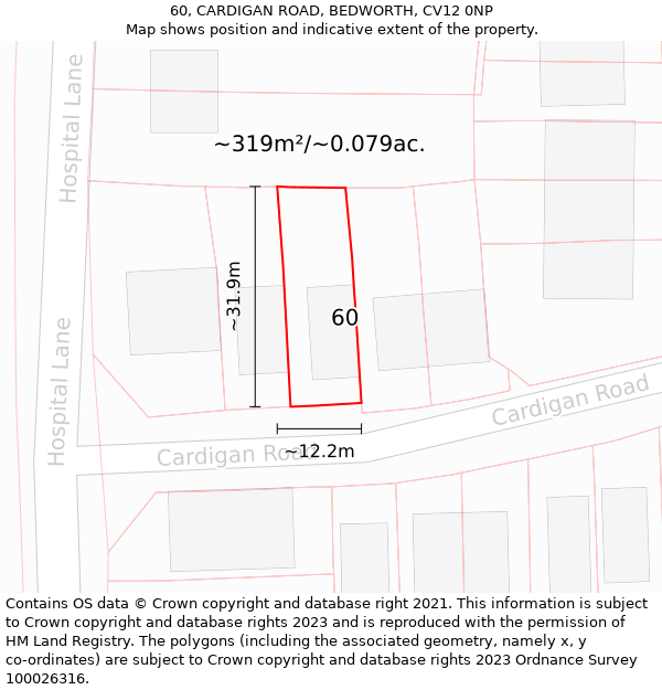 60, CARDIGAN ROAD, BEDWORTH, CV12 0NP: Plot and title map