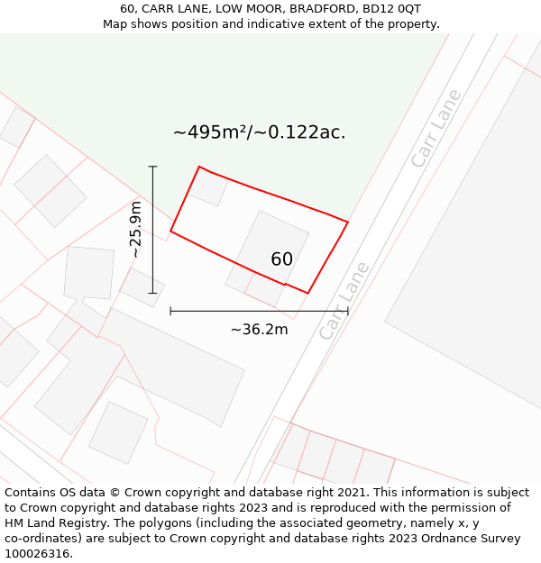 60, CARR LANE, LOW MOOR, BRADFORD, BD12 0QT: Plot and title map