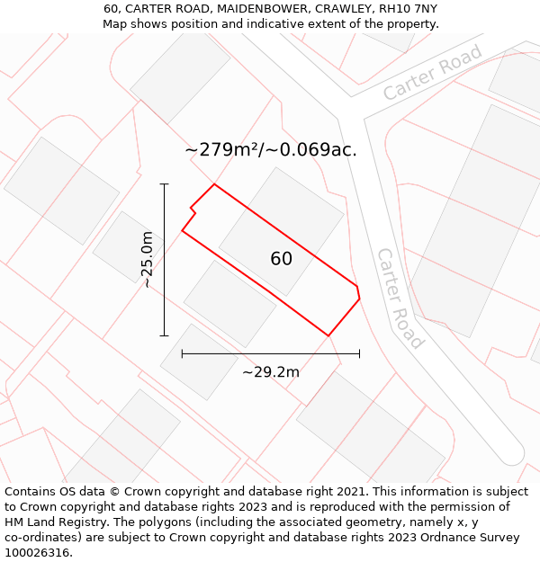 60, CARTER ROAD, MAIDENBOWER, CRAWLEY, RH10 7NY: Plot and title map