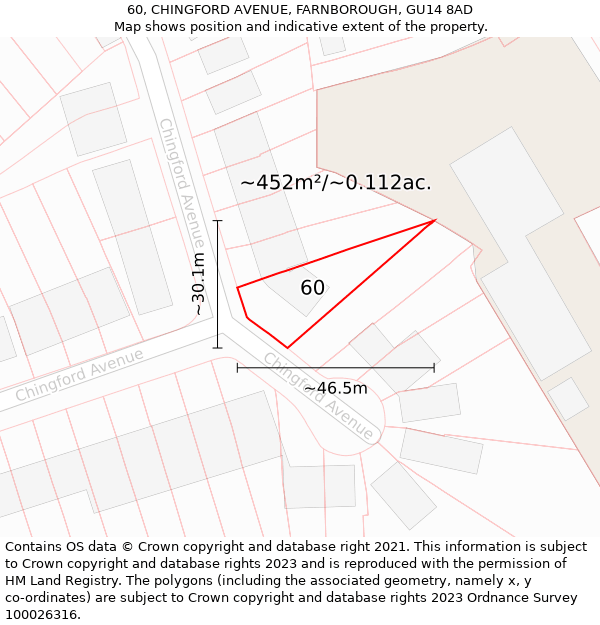 60, CHINGFORD AVENUE, FARNBOROUGH, GU14 8AD: Plot and title map