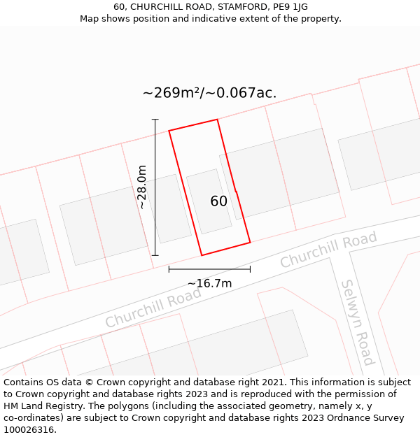 60, CHURCHILL ROAD, STAMFORD, PE9 1JG: Plot and title map