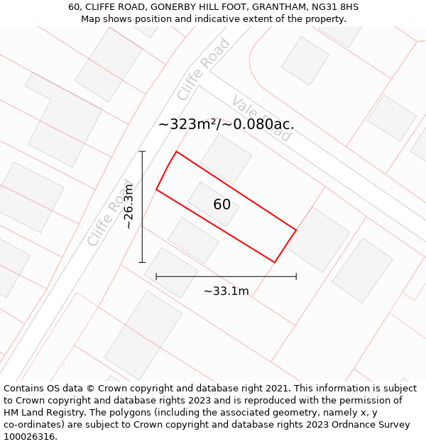 60, CLIFFE ROAD, GONERBY HILL FOOT, GRANTHAM, NG31 8HS: Plot and title map