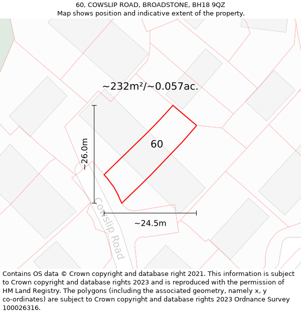 60, COWSLIP ROAD, BROADSTONE, BH18 9QZ: Plot and title map