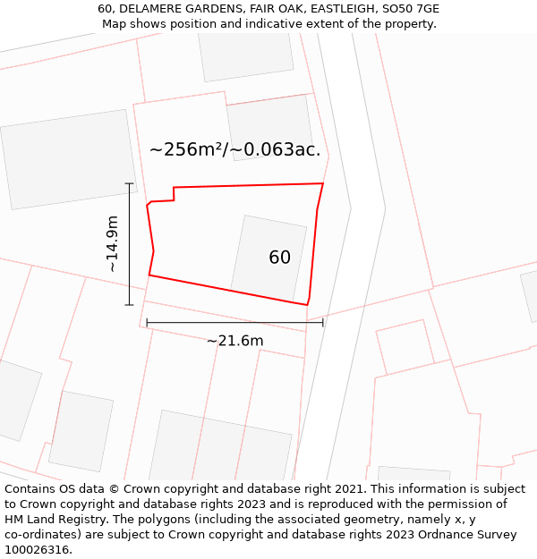 60, DELAMERE GARDENS, FAIR OAK, EASTLEIGH, SO50 7GE: Plot and title map